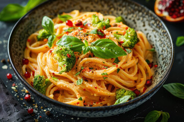 gourmet spaghetti dish with broccoli and pomegranate seeds, topped with fresh basil