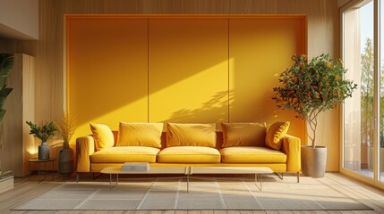 A cozy living room with a minimalist design, featuring yellow accents that add warmth and personality to the space. The image provides ample copy space for customization.