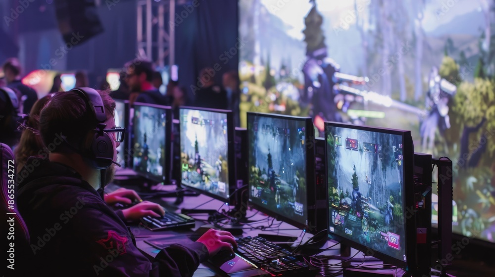 Poster a young gamer wearing a headset focuses on the screen while playing a video game at a competitive to
