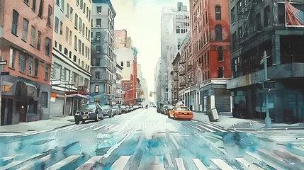 Handdoek met foto Aquarelschilderij wolkenkrabber  Watercolor painting of new york city street. Watercolor illustration of a typical New York City street with tall buildings and cars.  © Lull
