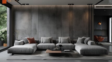 A contemporary living room featuring a striking grey color scheme, with minimalist design elements and plenty of copy space for customization. Ideal for projects that need a modern and stylish