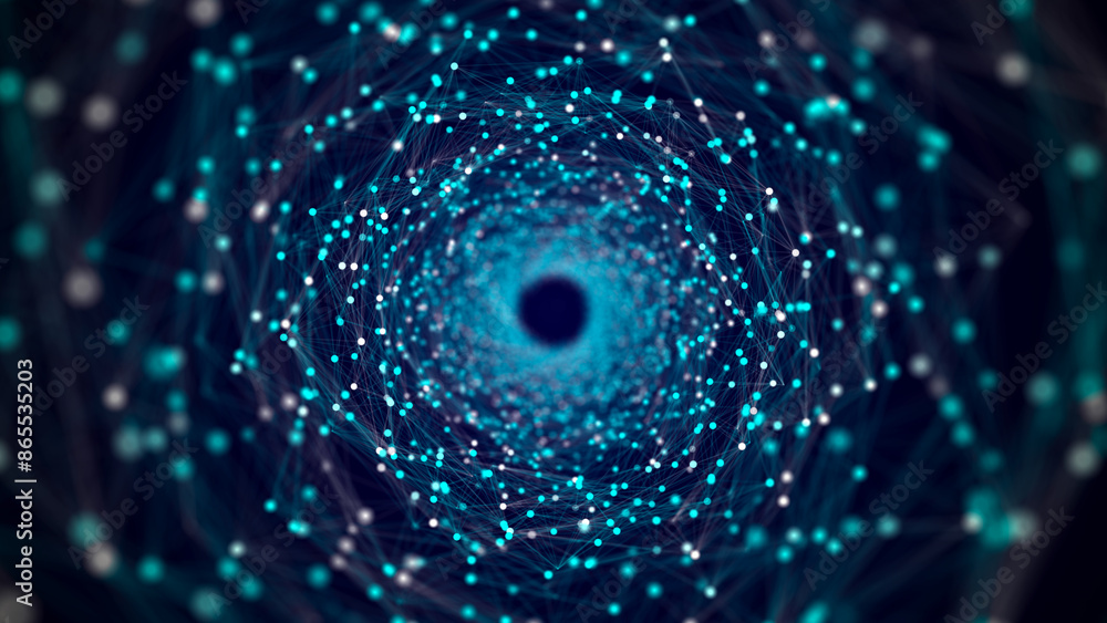 Poster cyber tunnel consisting of moving glowing points. futuristic infinite space background. concept of d