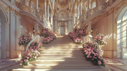 opulent palace interior with grand staircase ornate columns and lush pink rose arrangements luxury and grandeur concept 3d rendering