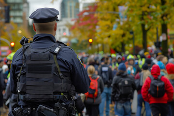 Police officer monitoring a peaceful protest in an urban setting on a fall day