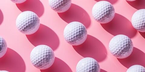 Collection of golf balls under light with shadows displayed on trendy pastel modern pink backgrounds, trendy sport golf active balls backdrops, stylish sports wallpaper