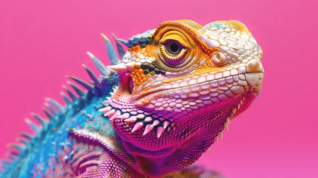 Colorful lizard on pink background. Vibrant lizard with colorful scales on pink background, perfect for animal, nature, and pet projects