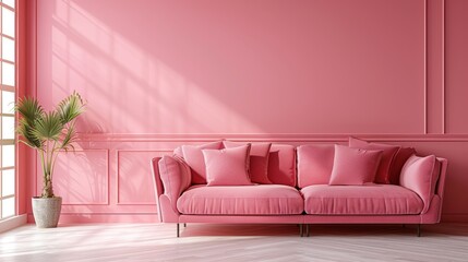 A chic living room decorated in shades of pink, with minimalist furnishings and a clean, uncluttered layout. The image offers plenty of copy space for adding text or graphics.