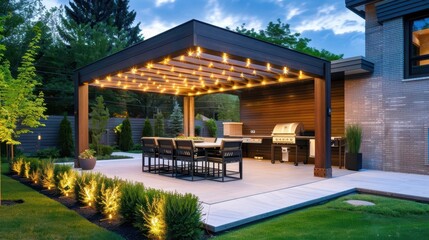 Obraz premium outdoor oasis modern patio with pergola dining set and grill under warm evening light lifestyle photography