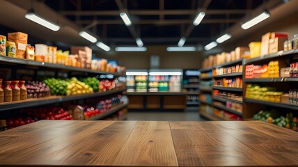 Fototapeta premium Empty wood table top with supermarket grocery store aisle and shelves blurred background