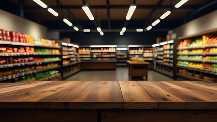 Empty wood table top with supermarket grocery store aisle and shelves blurred background