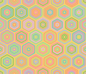 Honeycomb mosaic background. Bold rounded stacked hexagons mosaic pattern. Large honeycomb cells. Multiple tones color palette. Seamless pattern. Tileable vector illustration.