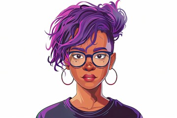  a person with purple hair and glasses
