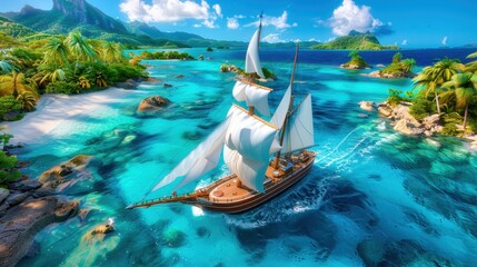 Scenic view of a sailing ship navigating through vibrant turquoise waters surrounded by tropical islands under clear blue skies.