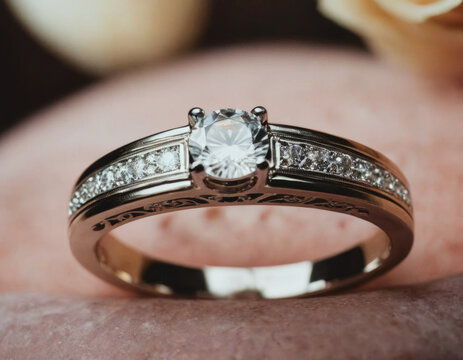 Anello di fidanzamento con diamante in primo piano, dettagli di brillantezza e eleganza.