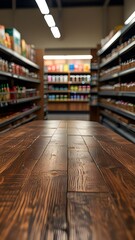 Empty wood table top with supermarket grocery store aisle and shelves blurred background