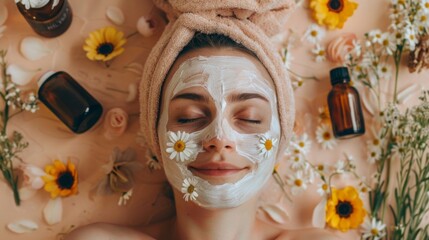A woman with a white face mask and a towel on her head is surrounded by flowers. She is lying down with her eyes closed, appearing relaxed and peaceful.