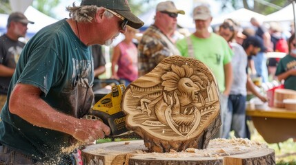 Chainsaw Artist Sculpting Detailed Wood Carving at Outdoor Fair, Captivating Onlookers