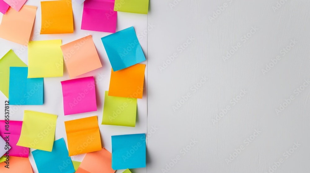 Poster colorful sticky notes arranged on white surface with empty space on right side. ideal for business p
