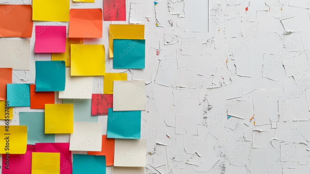 Aufkleber sticky notes of various colors on textured white wall with empty space on right side. perfect for bu
