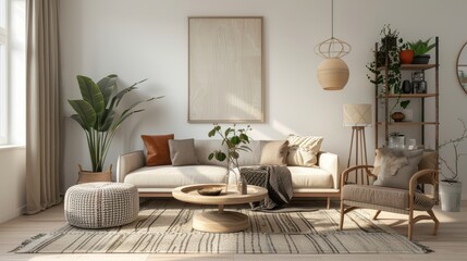 Obraz premium A stylish eclectic living room showcasing a mix of furniture styles and decor items, all curated in a minimalist and tasteful manner. The space provides ample copy space for adding text or graphics,