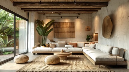 A cozy rustic living room with a minimalist design, featuring natural wood furniture and earthy tones. The room offers plenty of space for customization with its simple yet elegant layout.