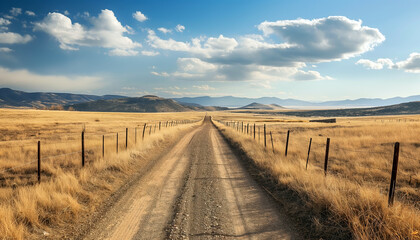 Fototapeta premium A Long, Winding Dirt Road Through a Vast, Open Field