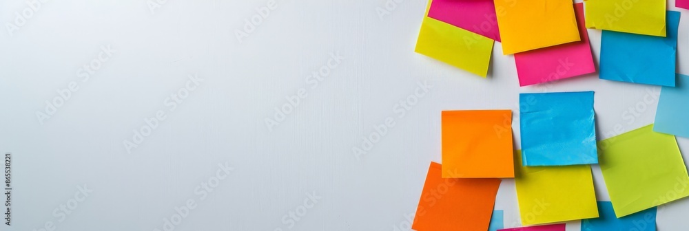 Poster colorful sticky notes on white background with ample text space. great for business planning, office