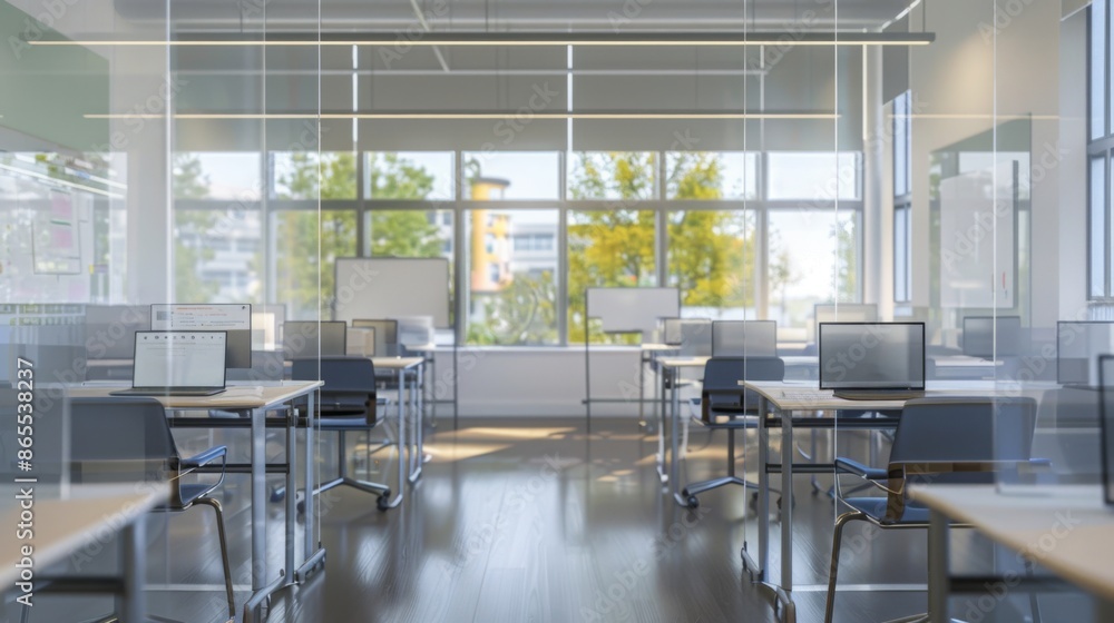 Aufkleber An empty classroom with partitioned desks and laptops, set against a backdrop of a window overlooking a leafy outdoor scene.