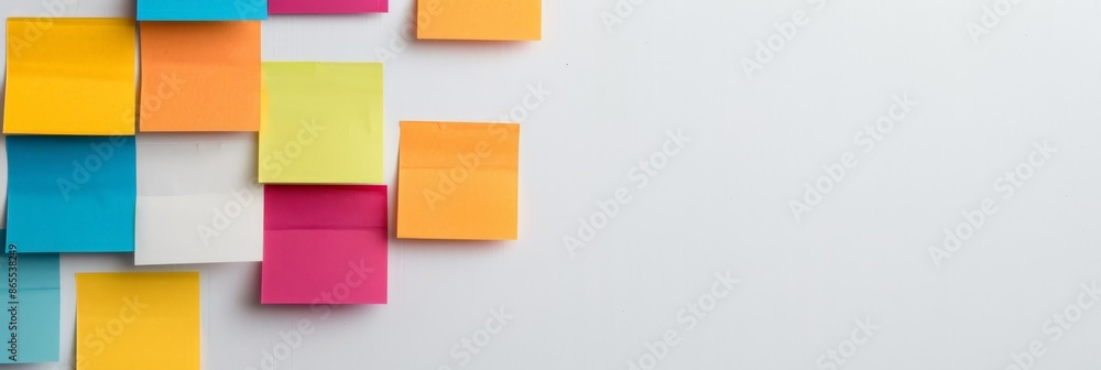 Poster colorful sticky notes on white background with ample space for text. suitable for business planning,