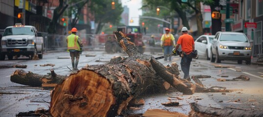 Urban Workers Using Chainsaw to Clear Fallen Tree Trunk Blocking City Road