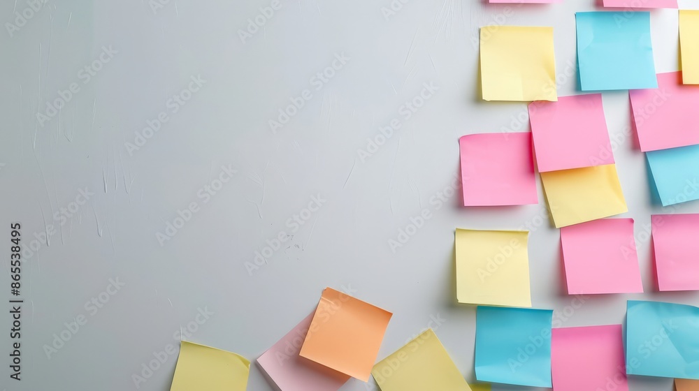 Poster bright sticky notes on textured white wall with ample space for text. suitable for business planning