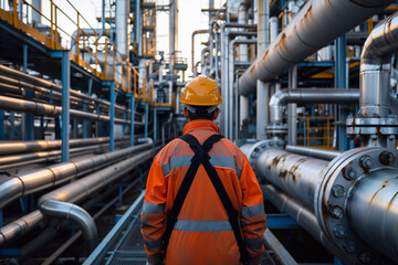 Back view of an engineer in safety clothes and hardhat inspecting the pipeline and pipe rack at a petroleum, chemical, and hydrogen industrial plant. The industrial zone area emphasizes the complex i