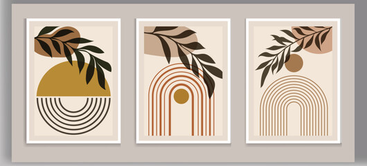 wall art vector set. Foliage line art drawing with abstract shape. Abstract Plant Art design for print, cover, wallpaper, Minimal and natural wall art. Vector illustration.