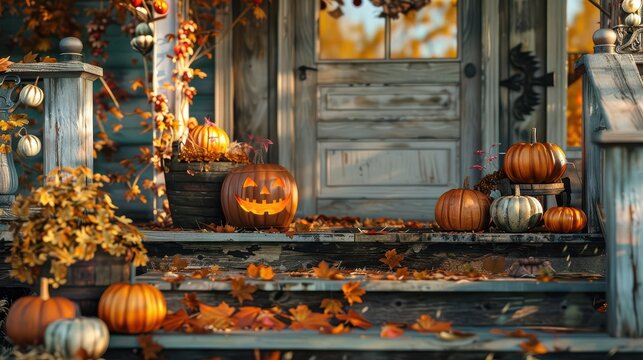 rustic autumn porch decorated with pumpkins for halloween or thanksgiving cozy vibes