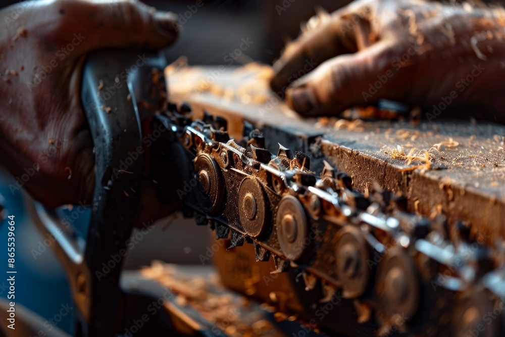 Poster expertly sharpening a chainsaw chain on a workbench, close-up of skilled hands and precise file work