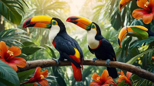 Beautiful toucan in tropical forest Brazil, flowers
