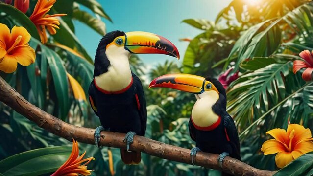 Beautiful toucan in tropical forest Brazil, flowers
