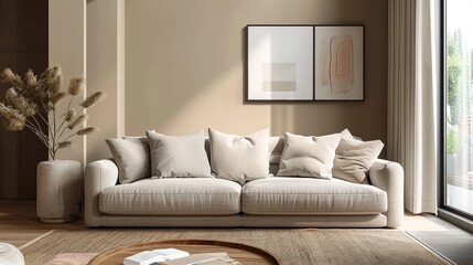 A minimalistic living room with a cozy sofa and a few select decorations offers a serene and uncluttered space. The image provides ample copy space for your design needs.