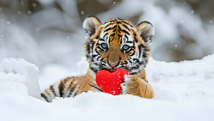 Obraz premium Adorable tiger cub holding a red heart in snowy surroundings, capturing a heartwarming moment of wildlife amidst the beauty of winter.