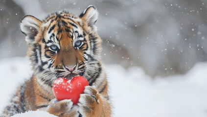 Obraz premium Adorable tiger cub holding a red heart-shaped object in the snow, capturing a heartwarming winter moment with nature's beauty.