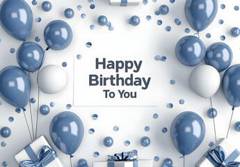 Celebrate a happy birthday with a festive arrangement of blue and white balloons, gifts, and a cheerful greeting card.