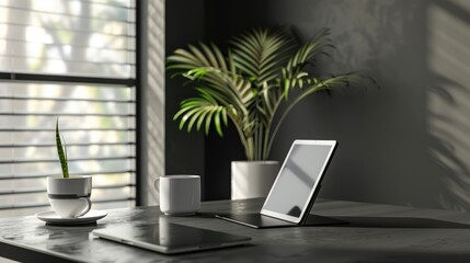 Fototapeta premium Minimalistic office setup with tablet coffee and plant on table