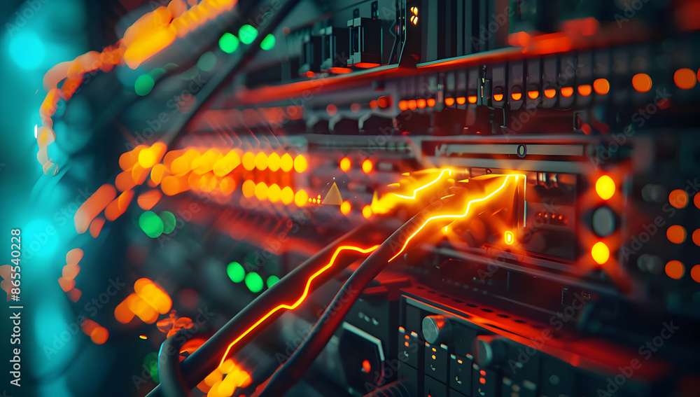 Poster close-up of server cables with glowing lights in data center illustrating technology, data, and netw