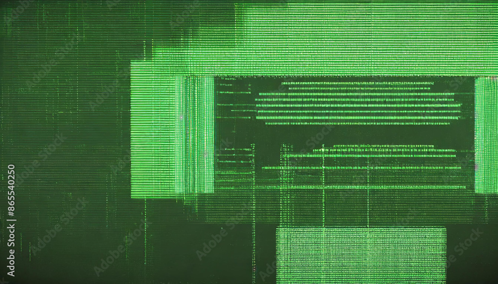Poster abstract technical background, green monitor with pixel sorting glitch effect, texture banner with copy space, error screen