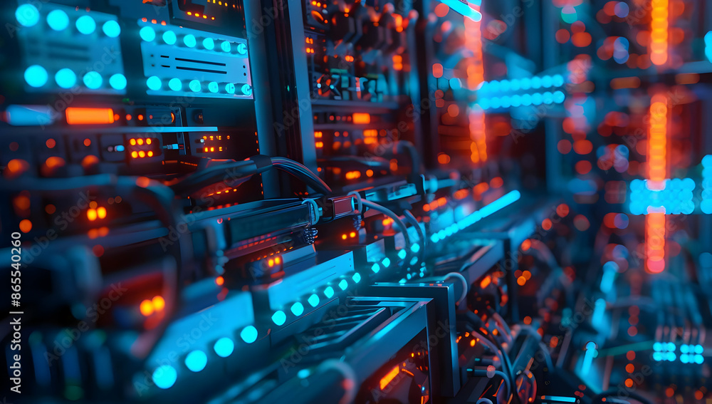 Poster close-up view of modern server racks in a data center with vibrant blue and orange lights, showcasin