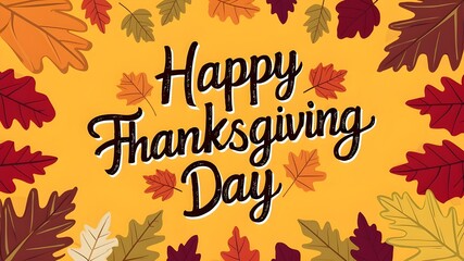 With fall foliage, happy Thanksgiving Day. handwritten text in script font. Illustrator in vector form. Text. Calligraphic artwork for printed greeting cards, t-shirts, banners, and posters. vibrant a