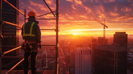 safety first construction worker overlooking cityscape from scaffolding at sunset conceptual photography