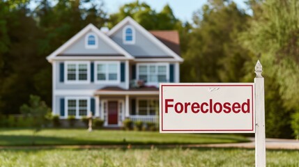 A house with a "Foreclosed" sign in the front yard, symbolizing real estate and financial issues, set against a green and peaceful suburban background.