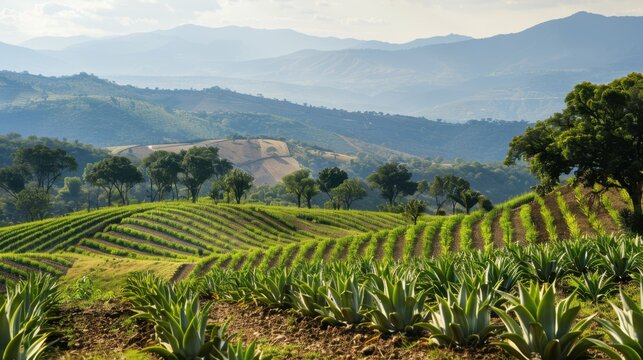 Agave field for tequila production at sunset