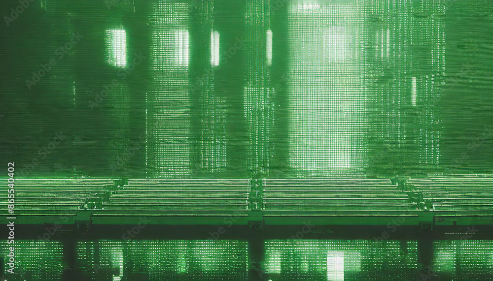 Poster abstract technical background, green monitor with pixel sorting glitch effect, texture banner with copy space, error screen